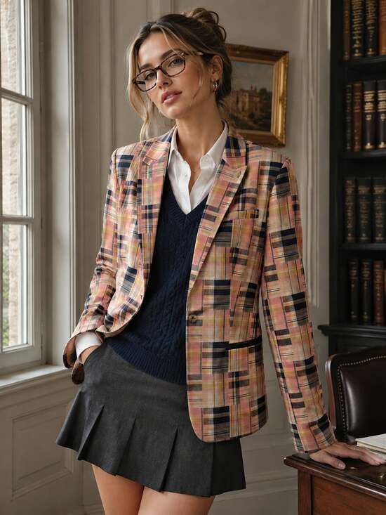Tommy Hilfiger Jackets & Blazers - Tommy Hilfiger Patchwork Plaid Blazer Elbow Patches Preppy Academia Sz 10